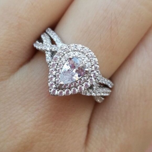 2pcs 925 silver Engagement Ring Wedding Band Set Pear Shaped Diamond Ring - Picture 1 of 11